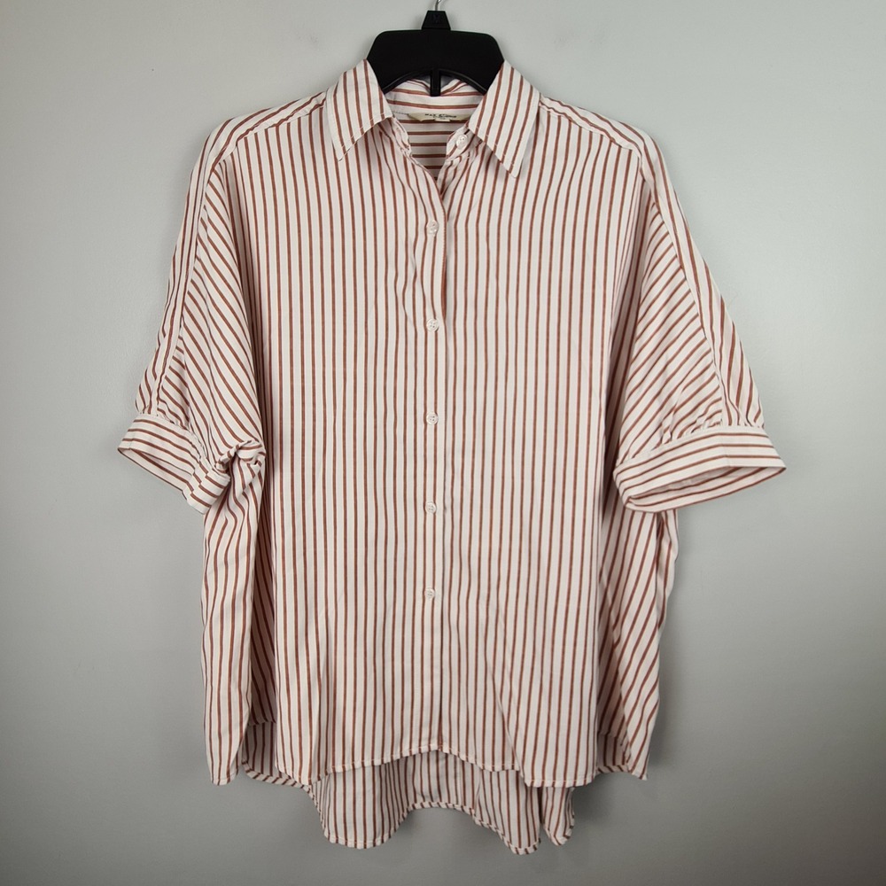 Max Studio London Womens XS Striped Button Up Shirt Short Sleeve Top Oversized